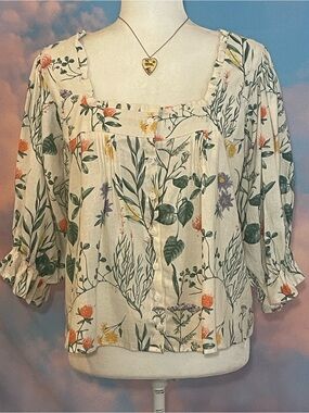NWT: Gorgeous Laura Ashley Cream Floral Square-Neck Peasant Blouse